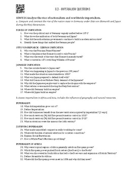 Preview of Unit 8.3 - Imperialism Guided Reading Questions SSWH16