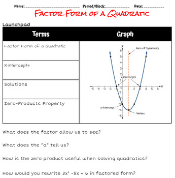 Preview of Unit 8: Quadratics | Emerging Factor Form of a Quadratic | Google Doc Easy Edit