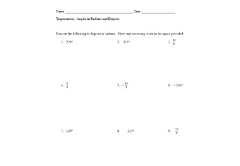 Preview of Unit Circle Angles in Degrees and Radians with Answer Key