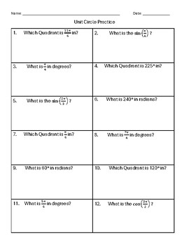 Preview of Unit Circle Practice Worksheet