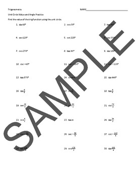 Preview of Unit Circle Value and Angle Practice Worksheet and Answers