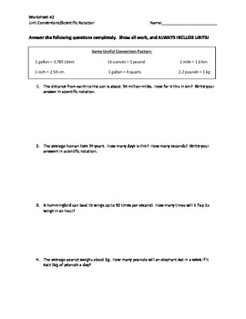 Preview of Unit Conversions, Dimensional Analysis, and Scientific Notation Worksheet
