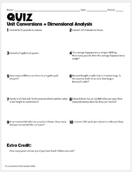 Preview of Unit Conversions and Dimensional Analysis Quiz