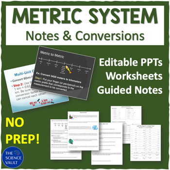 Preview of Metric System Unit Powerpoints, Guided Notes and Practice Worksheets