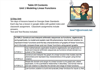 Preview of Unit Modeling Linear Functions (Unit 1 Georgia Standards - Algebra)