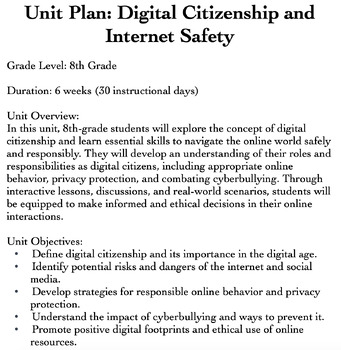 Preview of Unit Plan: Digital Citizenship and Internet Safety (8th grade)