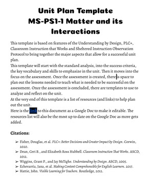 Preview of Unit Plan Template MS-PS1-1 Matter and its Interactions PDF
