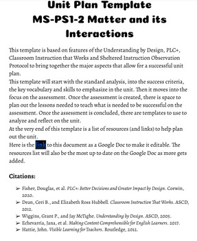 Preview of Unit Plan Template MS-PS1-2 Matter and its Interactions PDF