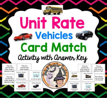 Preview of Unit Rate Task Card Match Activity Vehicles with Answer KEY