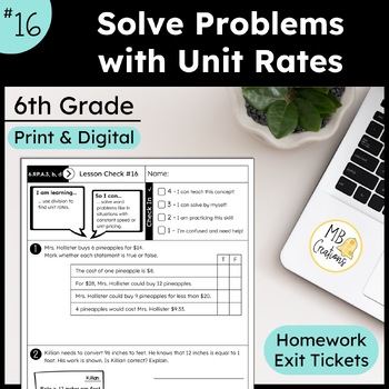 Preview of Solve Unit Rate Word Problems Worksheet L16 6th Grade iReady Math Exit Tickets