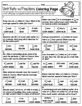Unit Rate Complex Fractions Word Problems Color By Number | Math Color