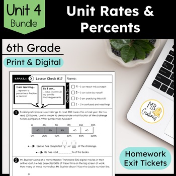 Preview of Unit Rates and Percents Worksheets and Exit Tickets Unit 4 6th Grade iReady Math