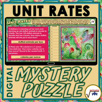 Preview of Unit Rates Word Problems DIGITAL SELF CHECKING MYSTERY PUZZLE