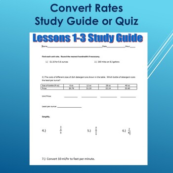 Preview of Unit Rates and Convert Rates Study Guide