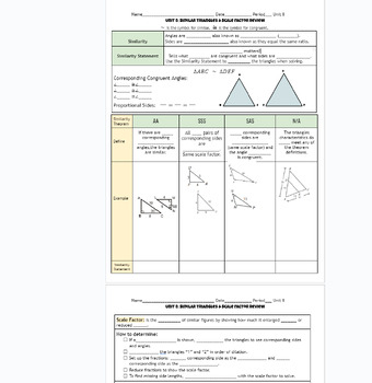 Preview of Unit Review of Scale Factor & Similairty Triangle Theorems Fillable Notes