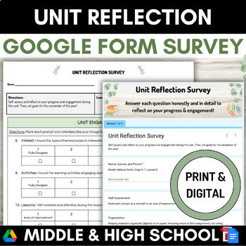 Preview of Unit Survey Reflection Google Form Middle High School SEL | Self-Assessment