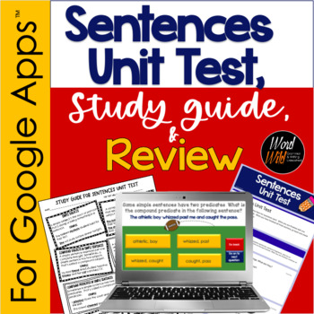 Preview of Unit Test on Sentences for Google Forms™; Review, Study Guide for Google Slides™