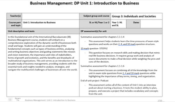 Preview of Unit planner: Unit 1 Introduction to Buisness