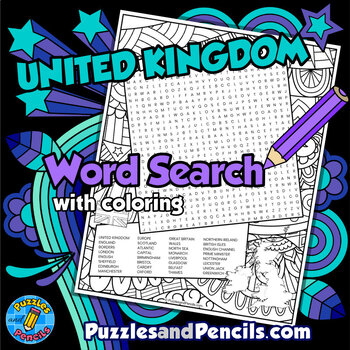 Preview of United Kingdom Word Search Puzzle with Coloring Activity | Countries of Europe