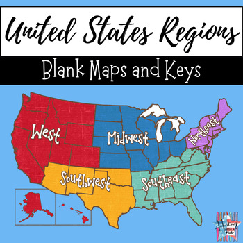 Preview of United States 5 Regions Blank Map and Key, Geography, Print and Go, Maps