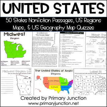 Preview of United States 50 States Reading Comprehension Passages Region Geography Map