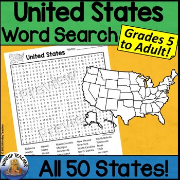 United States 50 States Word Search - Hard for Grades 5 to Adult