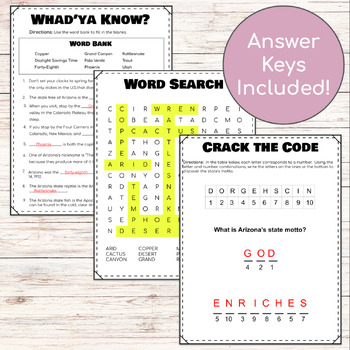 United States Arizona Geography Activity Book with Word Search