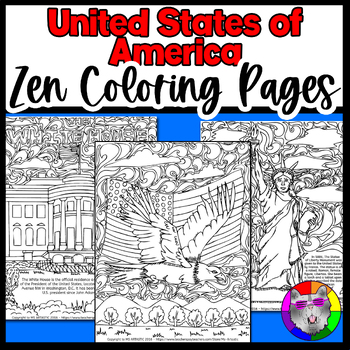Preview of United States Coloring Pages, Zen Doodle American Coloring Sheets