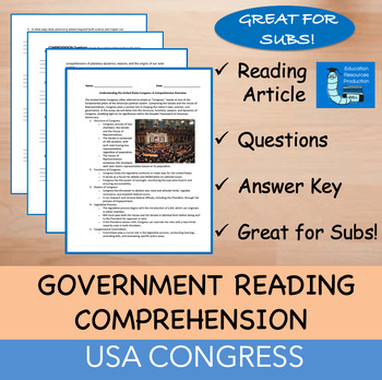 Preview of United States Congress - Reading Comprehension Passage & Questions