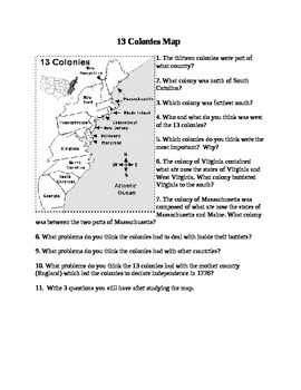 Preview of United States History: 13 American Colonies map and questions