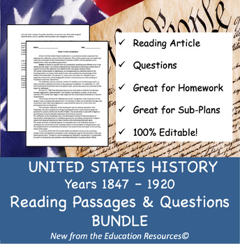 Preview of United States History 1865 - 1920 Reading Comprehension Articles Q/A BUNDLE
