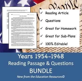 Preview of United States History 1954-1968 Reading Comprehension Q/A - BUNDLE
