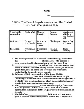 Preview of United States History: 1980-1992 Vocabulary Quiz/Worksheet