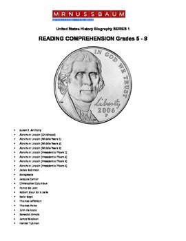 Preview of United States History Biography SERIES 1 READING COMPREHENSION Grades 5 - 8