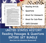 United States History Reading Comprehension BUNDLE 100% EDITABLE!