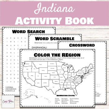 United States Indiana Geography Activity Book Word Search Crossword and