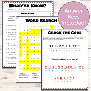 United States Indiana Geography Activity Book Word Search Crossword and