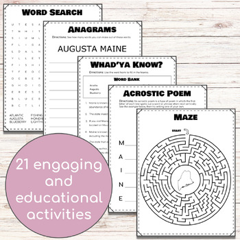 United States Maine Geography Activity Book Word Search Crossword and More