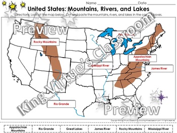 United States Map Mountains Rivers And Lakes Cut And Paste