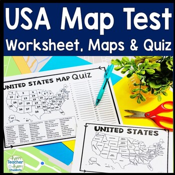 Preview of United States Map Quiz & Worksheet, USA Map Test w/ Practice Sheet, US Map Quiz