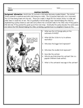 Preview of United States Neutrality WWII Cartoon Worksheet with Answer Key