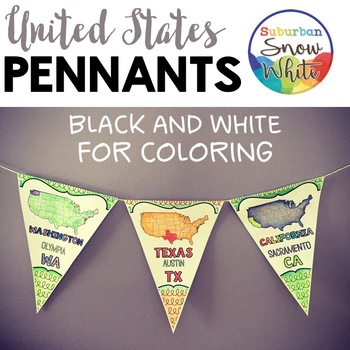 United States U.S. Pennants Banners with States, Capitals, Abbreviations {B&W}