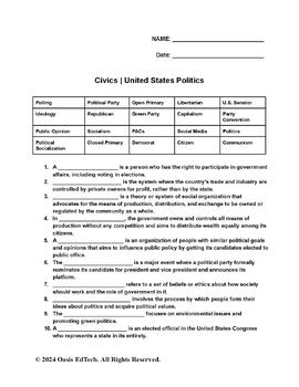 Preview of United States Politics Quiz/Worksheet