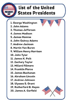 Preview of List of the United States Presidents - Presidents' day