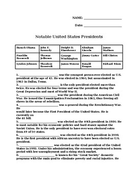 Preview of United States Presidents Quiz/Worksheet