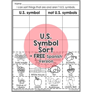 Preview of US United States National American Symbols Sort Worksheet + FREE Spanish