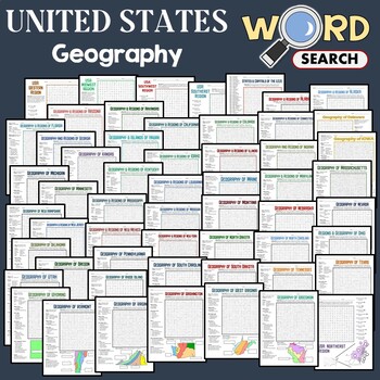 Preview of United States (US) Geography Word Search Puzzle Map Activity Worksheets Bundle