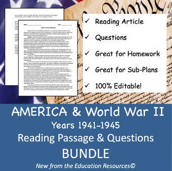 Preview of United States Years 1941-1945 World War Two Reading Comprehension BUNDLE