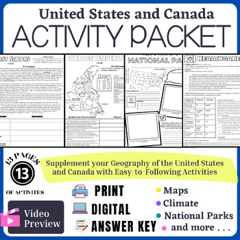 Preview of United States and Canada World Geography Activity Packet Print and Digital
