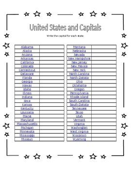 Preview of United States and Their Capitals Matching Game